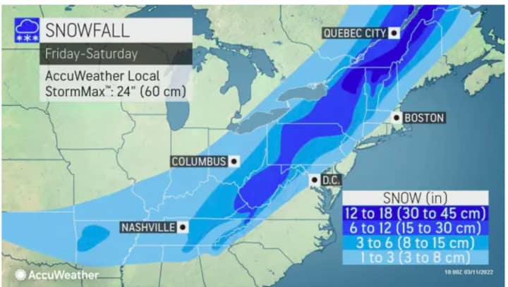 Projected snowfall amounts for the large storm on Saturday, March 12.