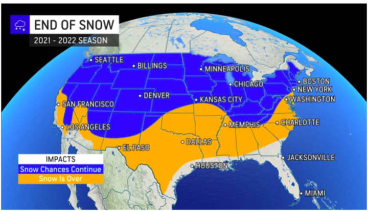 Areas in blue, about two-thirds of the US could, still face snow in the next couple of weeks, according to AccuWeather.com.