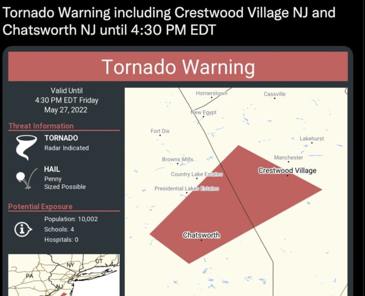 A tornado warning was issued for Ocean, Camden and Burliington counties.