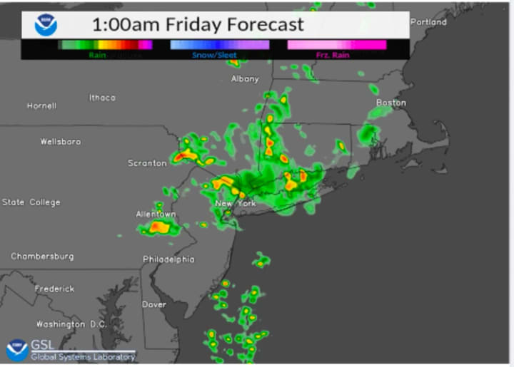 A projected radar image of the region for 1 a.m. Friday, June 17, according to the National Weather Service.