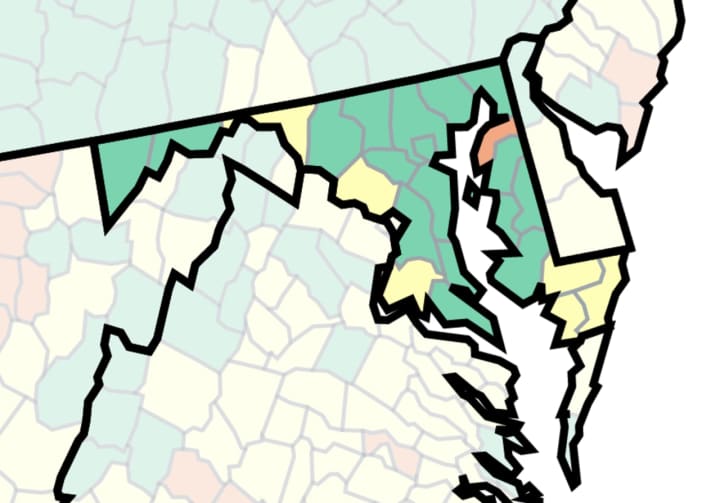 The CDC&#x27;s COVID-19 risk map in Maryland