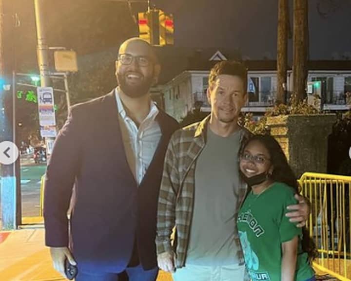 Mark Wahlberg with Jersey City Councilman Yousef J. Saleh and a fan.