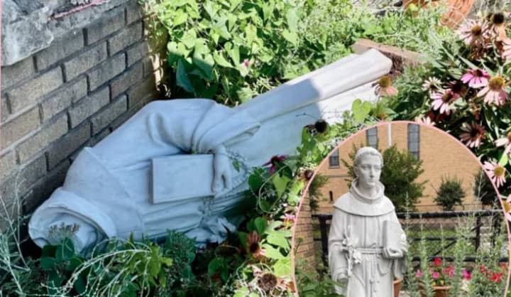 The St. Anthony statue was found knocked over with the head missing.