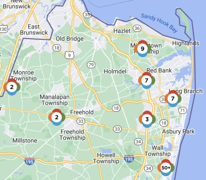 Jersey Central Power &amp; LIght&#x27;s tracker map for Monmouth County, which experienced about 27,000 outages on Monday morning.