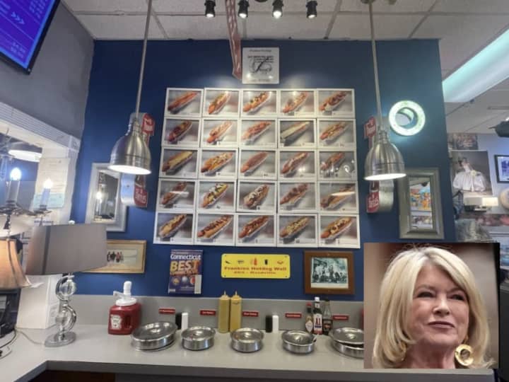 The &#x27;Hot Dog&#x27; wall at Frankie&#x27;s Family Restaurant visited by Martha Stewart.