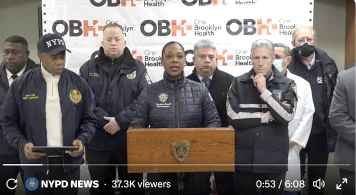 NYPD Commissioner Keechant Sewell and NYPD officials release details of the crime in front of the hospital where the officer is being treated.