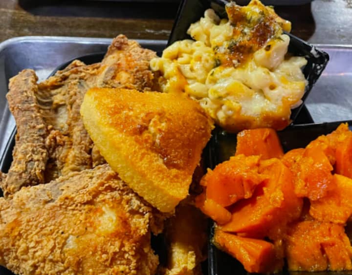 Chicken, candied yams, mac &#x27;n&#x27; cheese, and cornbread from Cornbread Farm to Table.