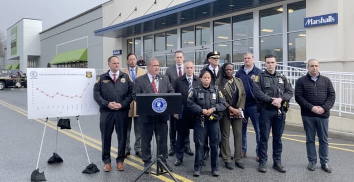 Yonkers Mayor Mike Spano gives a briefing on shoplifting incidents in the city on Thursday, March 2.