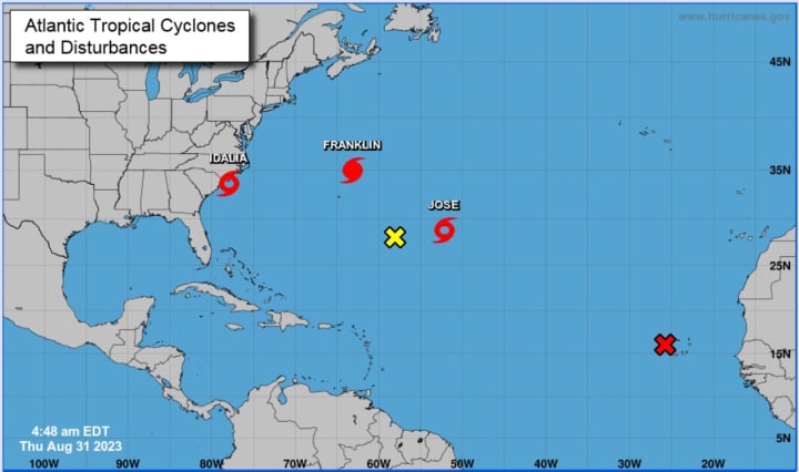 Depression  8 was upgraded to Tropical Storm Jose (center) just before daybreak on Thursday, Aug. 31 and the National Hurricane Center is monitoring two other disturbances marked with Xs.