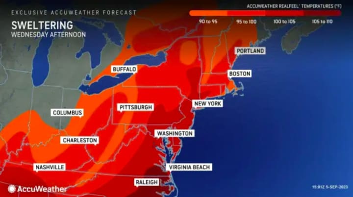 AccuWeather&#x27;s real-feel map shows much of the mid-Atlantic could seem like temperatures are more than 100 degrees.