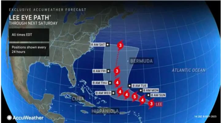 Hurricane Lee&#x27;s projected path through Saturday, Sept. 16.