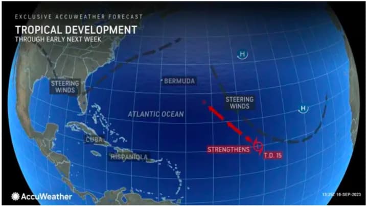 As of 5 p.m. Saturday, Sept. 16, Tropical Depression 15 is moving north-northwest at 16 miles per hour over the open Atlantic toward the Caribbean Sea.