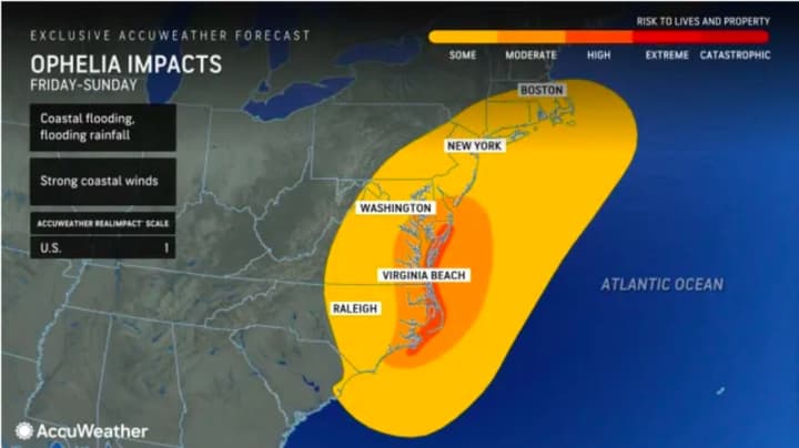 A look at the broad areas in the Northeast that will be affected by Tropical Storm Ophelia on Saturday, Sept. 23, and Sunday, Sept. 24.
