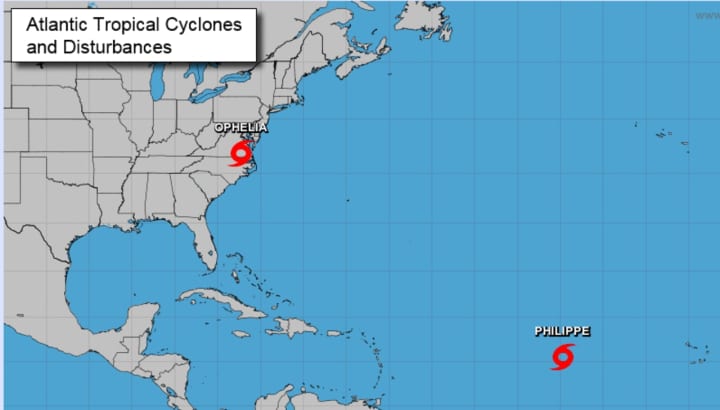 As of 5 p.m. Saturday, Sept. 23, the center of Tropical Storm Philippe was in the eastern Atlantic, moving toward the northwest at around 14 miles per hour, according to the National Hurricane Center.