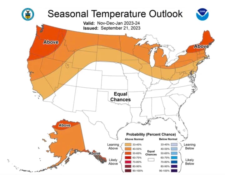 A look at predicted temperatures through January 2024 from the NOAA Climate Prediction Center.