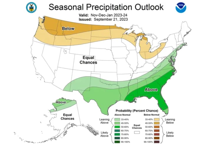 A look at predicted precipitation through January 2024 from the NOAA Climate Prediction Center.