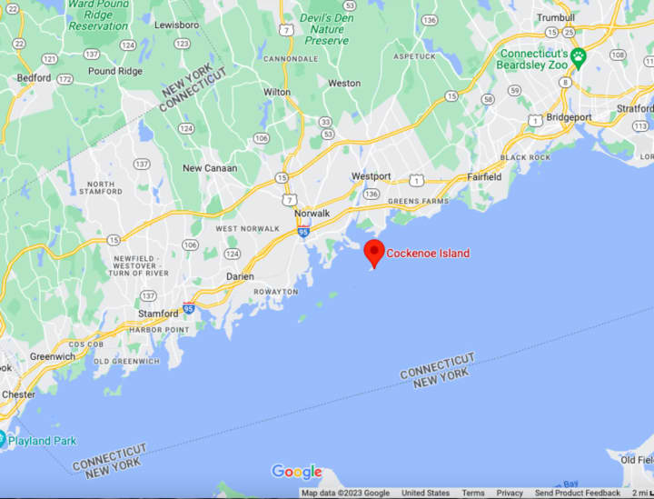 Cockenoe Island off the coast of Westport (marked in red).&nbsp; &nbsp; &nbsp;