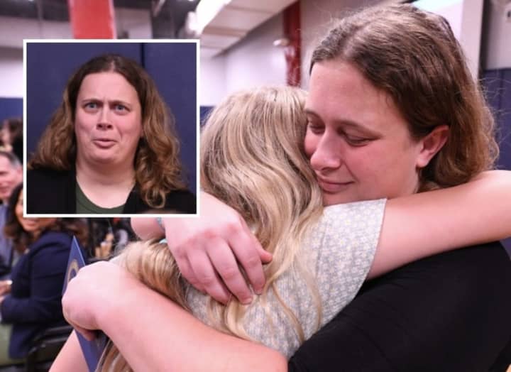 BASIS Washington D.C. educator Kelly Maranchuck can't believe her ears: Was she really just named a Milken Educator Award winner? Yes, it's true. A student gives her a congratulatory hug.