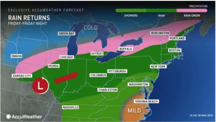 Most of the Northeast will see rain (shown in dark green) from the coast-to-coast storm, with sleet and snow in northern New York and New England.