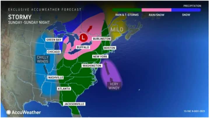 A look at the massive storm that will bring heavy rain and thunderstorms (in areas shown in green), snow (shown in pink), and strong winds.