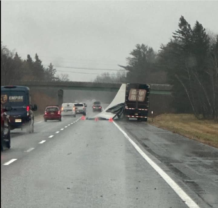 The roof of this tractor-trailer unit was blown off on northbound I-95 in Clinton, Maine, about 30 miles north of Augusta, on Monday, Dec. 18.