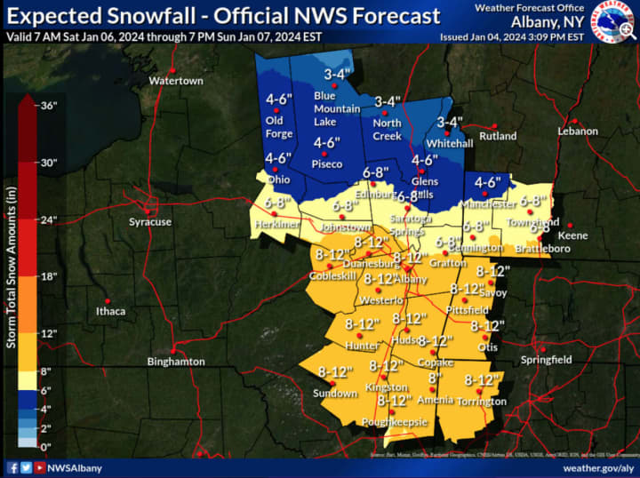 The latest projections have the most snowfall, up to a foot, in Albany, Dutchess, Ulster, Columbia, Greene, and&nbsp;Schoharie counties.