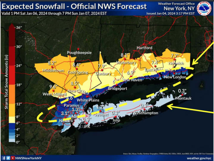 Farthest south, New York City and Long Island could see an inch or less of accumulation, but just a couple dozen miles north, 8 inches may fall.