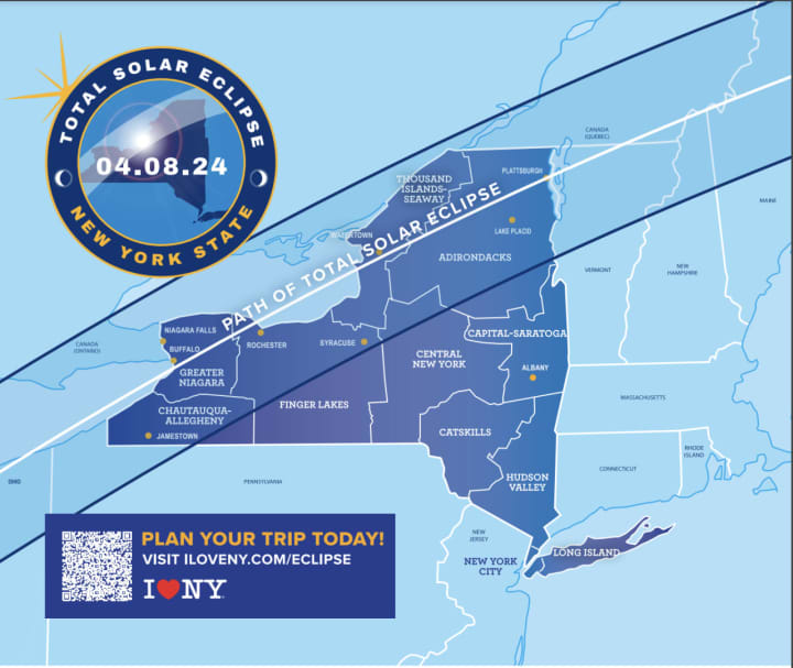I Love NY released a map depicting the solar eclipse's projected path through the state. The path of totality will begin in western New York and end in the northern part of the state.&nbsp;