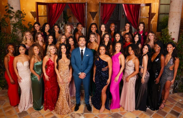 Joey Graziadei and the 32 contestants of his season of ABC's "The Bachelor."