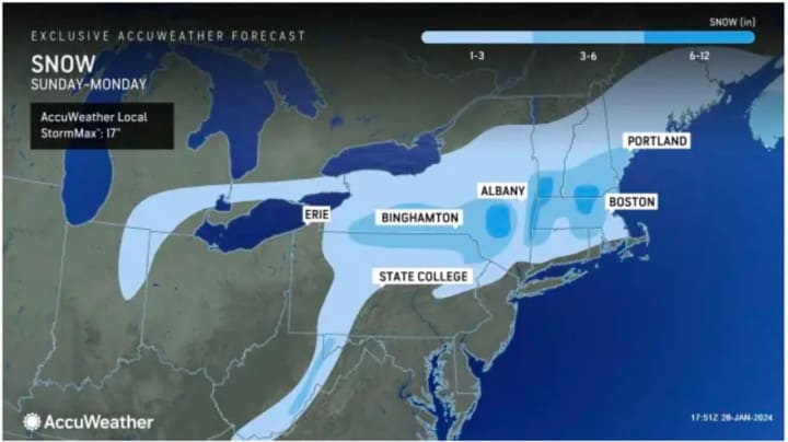 Brand-new snowfall projections released by AccuWeather.com on Sunday afternoon, Jan. 28.