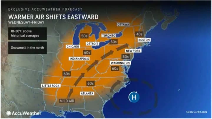Warmer air will arrive in the Northeast in the middle of the week.