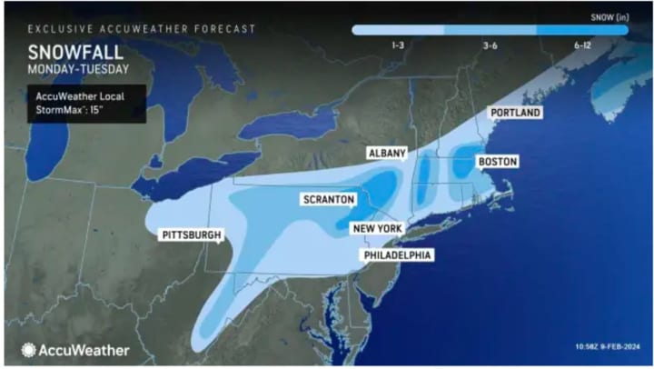 AccuWeather has released its initial snowfall projections ahead of the storm expected Monday night, Feb. 12 into Tuesday, Feb. 13.