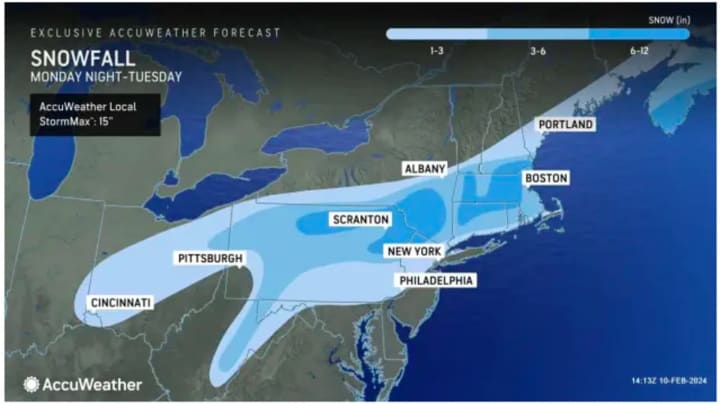 A widespread 3 to 6 inches of snowfall is now expected for much of the Northeast (areas shown in Columbia blue) according to predictions released by AccuWeather.com on Saturday afternoon, Feb. 10.&nbsp;