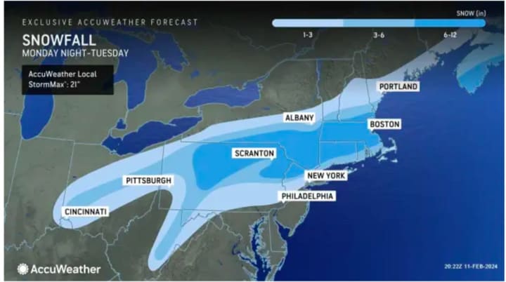 A widespread 6 to 12 inches of snowfall is predicted for the inland areas shown in the darkest shade of blue according to the latest snowfall projections released by AccuWeather.com on Sunday. Feb. 11.