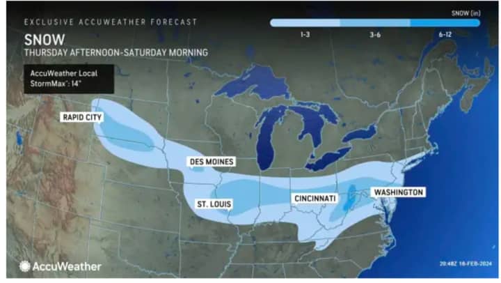 Areas in sky blue are expected to see between 1 and 3 inches of snowfall, according to projections released by AccuWeather.com late Friday afternoon, Feb. 16.