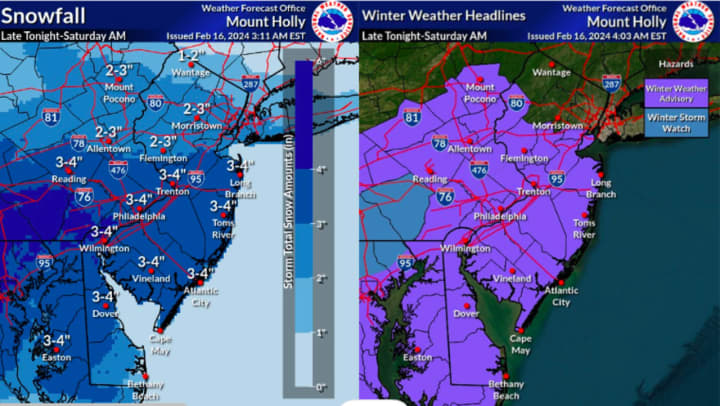 New Jersey and Pennsylvania are facing up to 4 inches of snow amid a winter weather advisory.