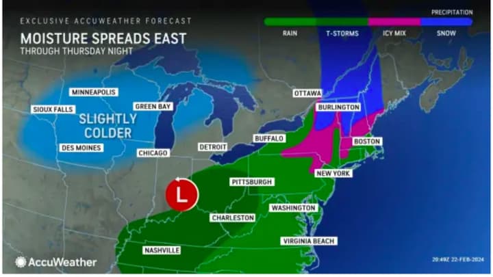 The storm system that arrived in the Northeast around nightfall Thursday, Feb. 22, will wind down Friday afternoon, Feb. 23.
  
