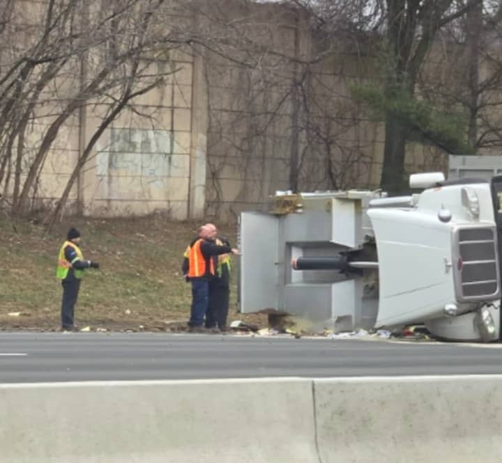 A dump truck overturned on Route 80 Feb. 23.