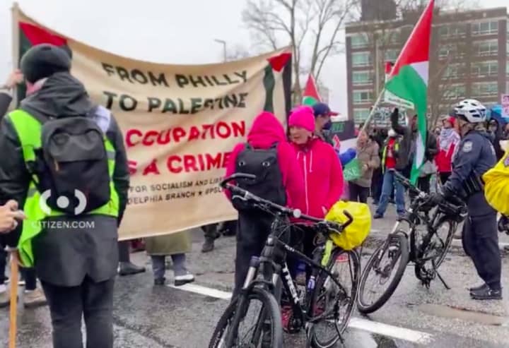 Pro-Palestinian protestors stopped traffic along the Ben Franklin Bridge between New Jersey and Philadelphia Saturday, March 2.