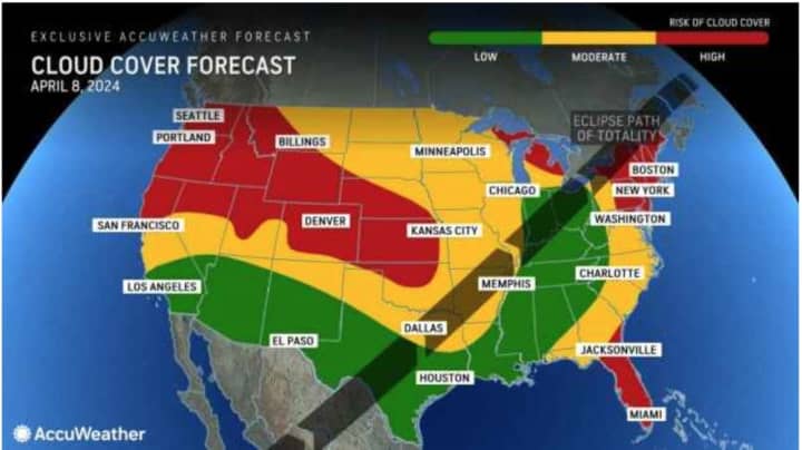 Here's the current projected cloud cover forecast for the solar eclipse on Monday, April 8.