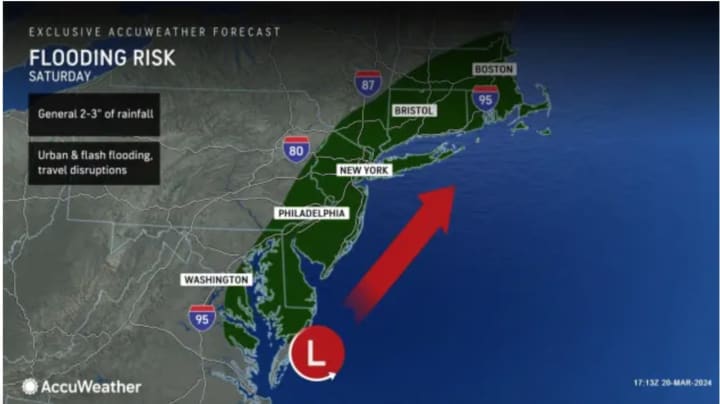 A broad area in the Northeast will be at risk for flooding from the new storm system on Saturday, March 23.