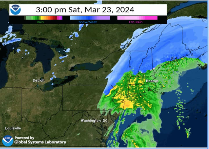 A projected radar image of the Northeast for 3 p.m. Saturday, March 23.