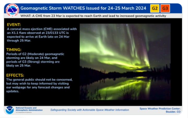 The National Oceanic and Atmospheric Administration (NOAA) announced on Sunday afternoon, March 24 the G4 electromagnetic storm is currently occurring over much of the northern United States.
  
