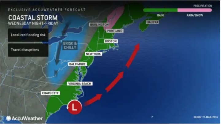 A frontal system will combine with a coastal storm moving up from the south.