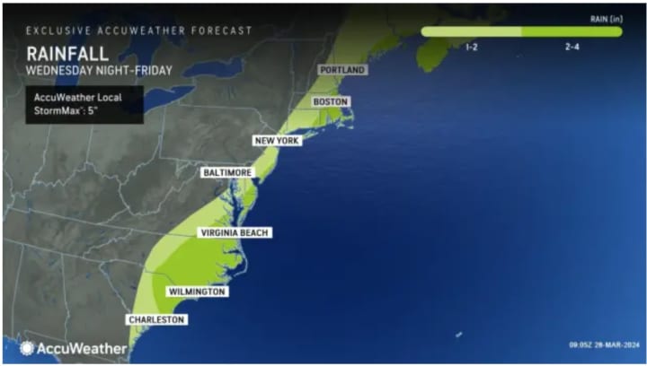 Areas farthest east and along the coast are expected to see the most rainfall from a pre-Easter storm sweeping through the East Coast.