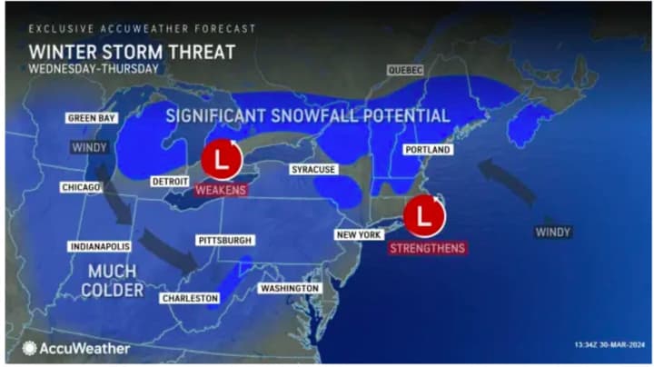 Areas in upstate New York and New England could see significant snowfall from a midweek storm system.
  
