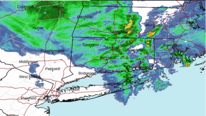A radar image of the region at around 7:15 a.m. Thursday, April 4, showing the Nor'easter moving out east.
  
