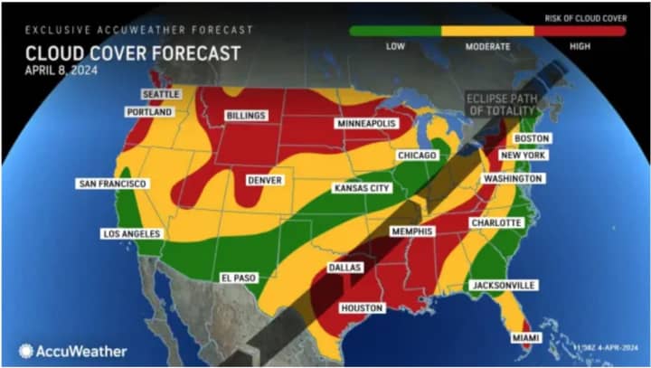 A look at the cloud cover forecast for the total solar eclipse on Monday, April 8, with areas in green predicted to have low cloud coverage, yellow moderate coverage, and red high coverage.