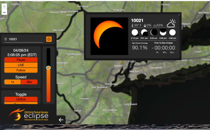 This projection is for what the eclipse viewing experience should be like at 3:06 p.m. Monday, April 8 in midtown Manhattan.