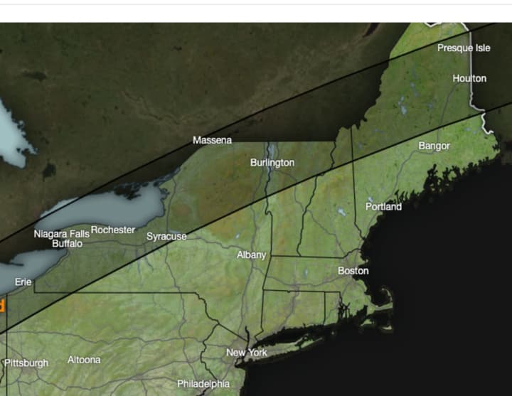 Areas in New York (shaded) in the path of totality in western and northern portions of the state.